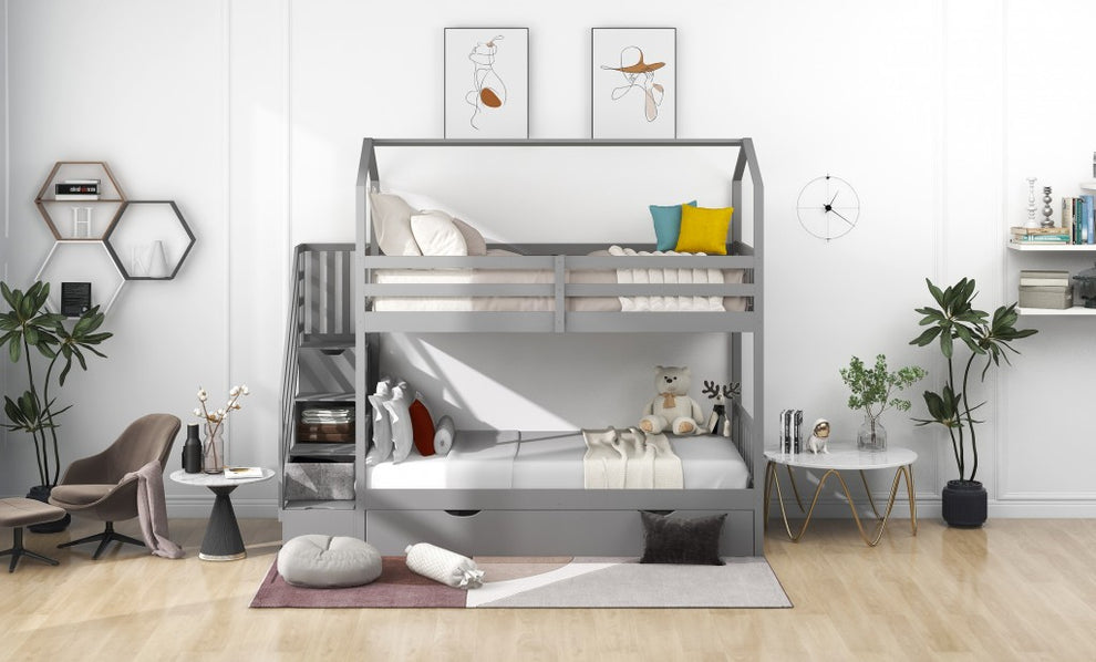 Gray Twin Over Twin Playhouse Bunk Bed With Trundle And Staircase By Homeroots | Beds | Modishstore - 4