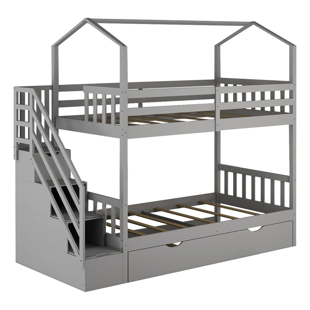 Gray Twin Over Twin Playhouse Bunk Bed With Trundle And Staircase By Homeroots | Beds | Modishstore - 5