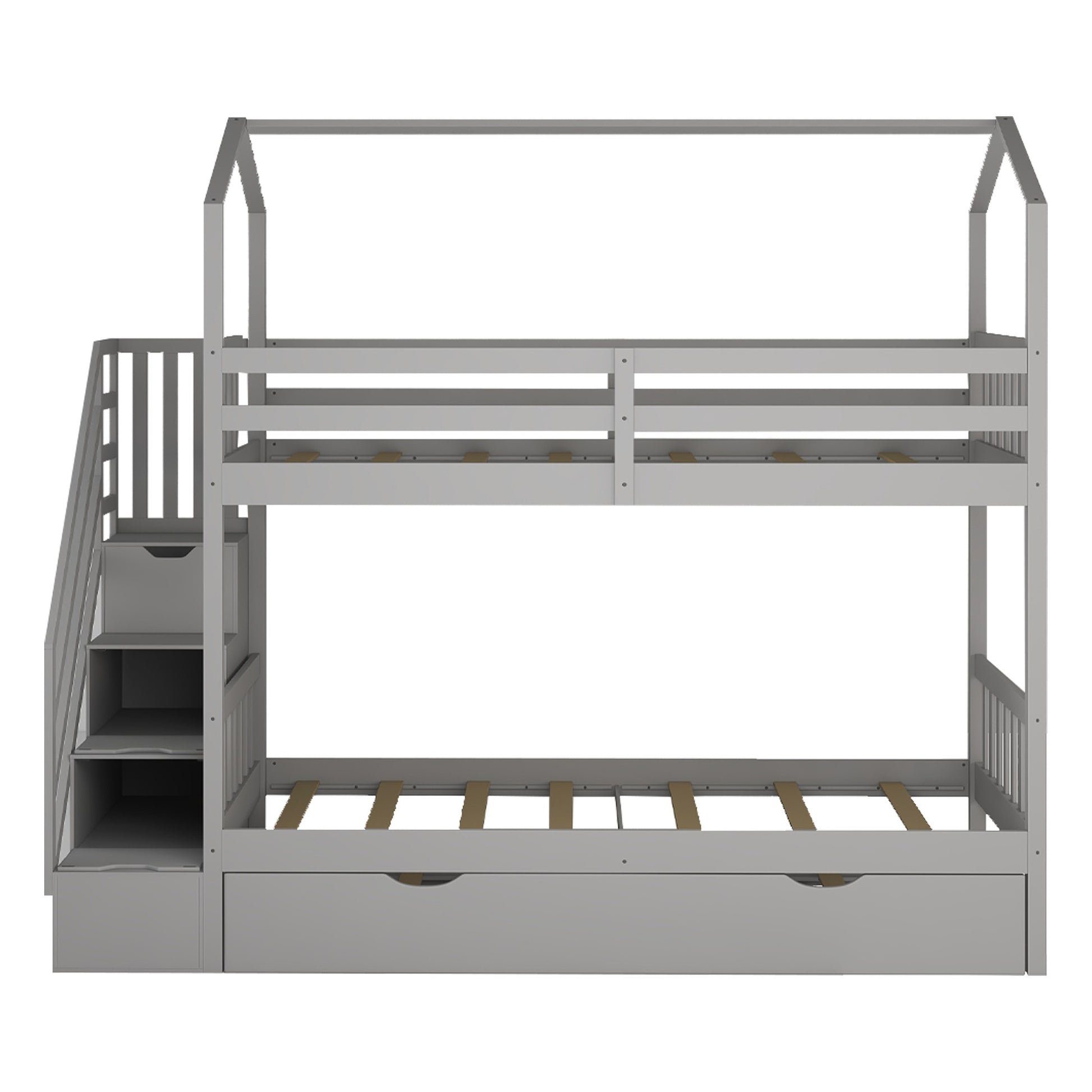 Gray Twin Over Twin Playhouse Bunk Bed With Trundle And Staircase By Homeroots | Beds | Modishstore - 6