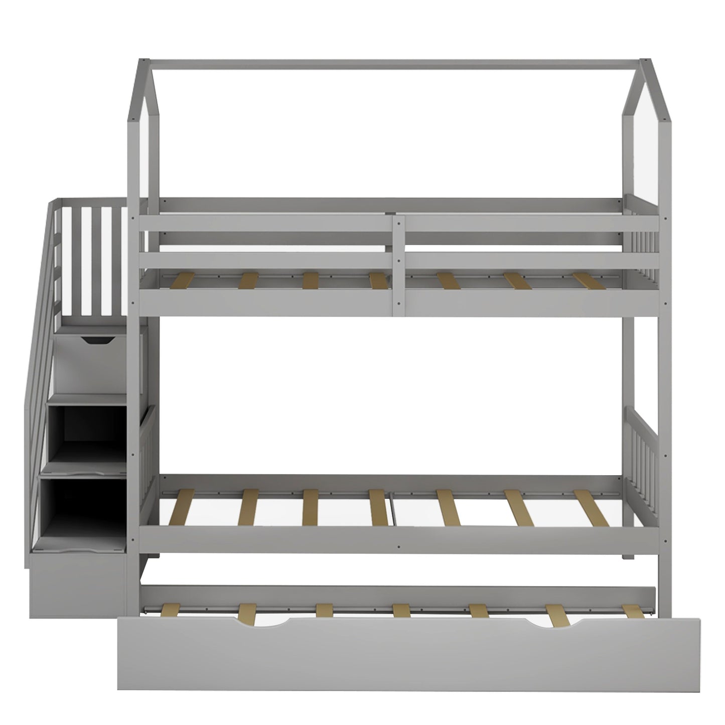 Gray Twin Over Twin Playhouse Bunk Bed With Trundle And Staircase By Homeroots | Beds | Modishstore - 7