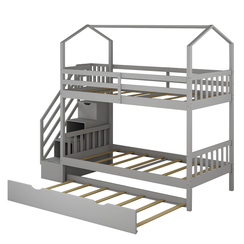 Gray Twin Over Twin Playhouse Bunk Bed With Trundle And Staircase By Homeroots | Beds | Modishstore - 8