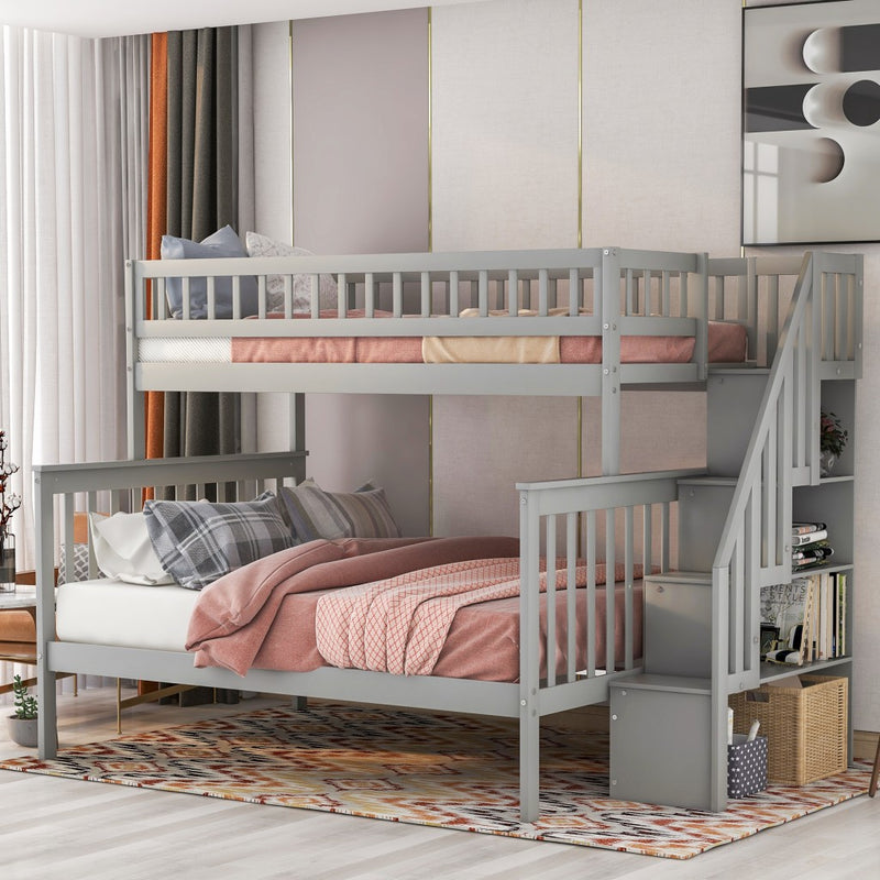 Gray Twin Over Full Farmhouse Style Bunk Bed With Staircase By Homeroots | Beds | Modishstore