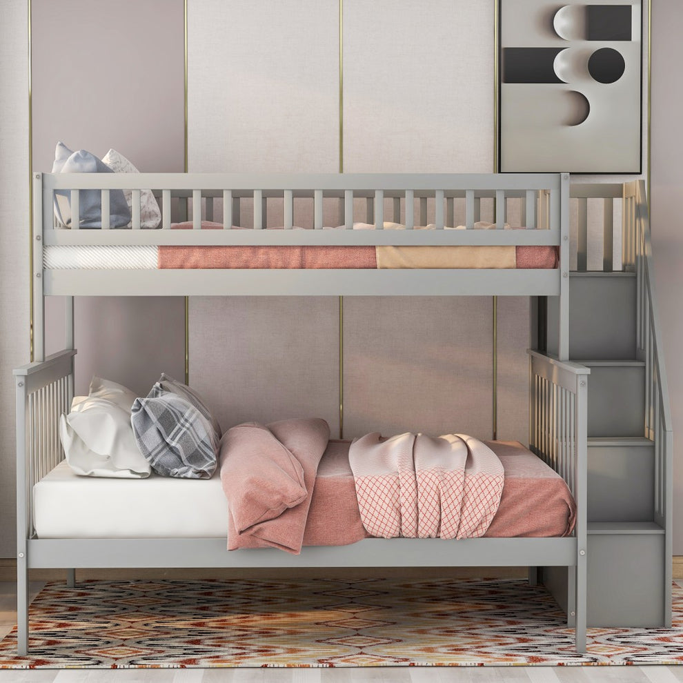 Gray Twin Over Full Farmhouse Style Bunk Bed With Staircase By Homeroots | Beds | Modishstore - 2