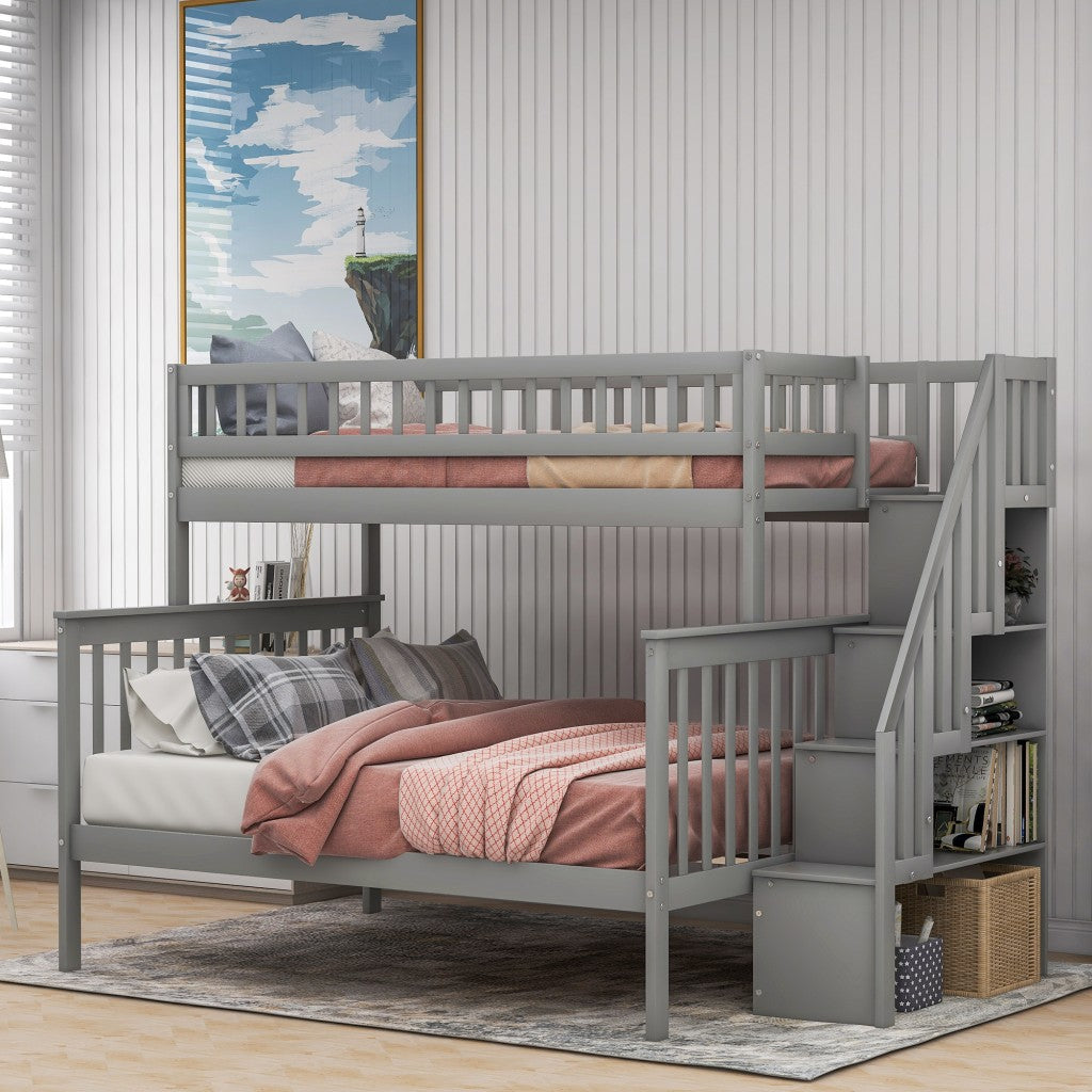 Gray Twin Over Full Farmhouse Style Bunk Bed With Staircase By Homeroots | Beds | Modishstore - 3