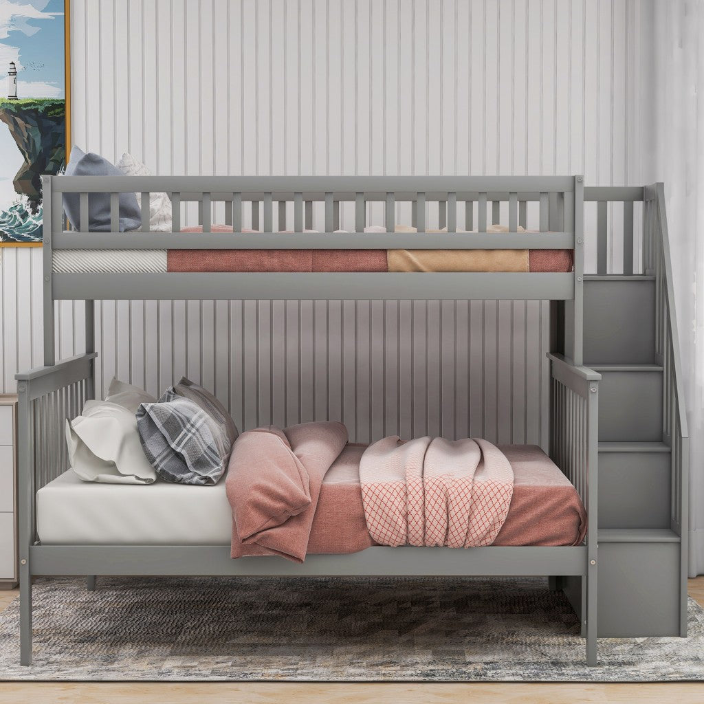 Gray Twin Over Full Farmhouse Style Bunk Bed With Staircase By Homeroots | Beds | Modishstore - 4