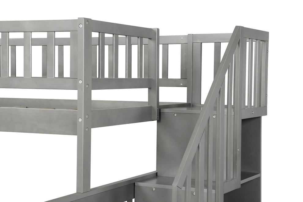 Gray Twin Over Full Farmhouse Style Bunk Bed With Staircase By Homeroots | Beds | Modishstore - 6