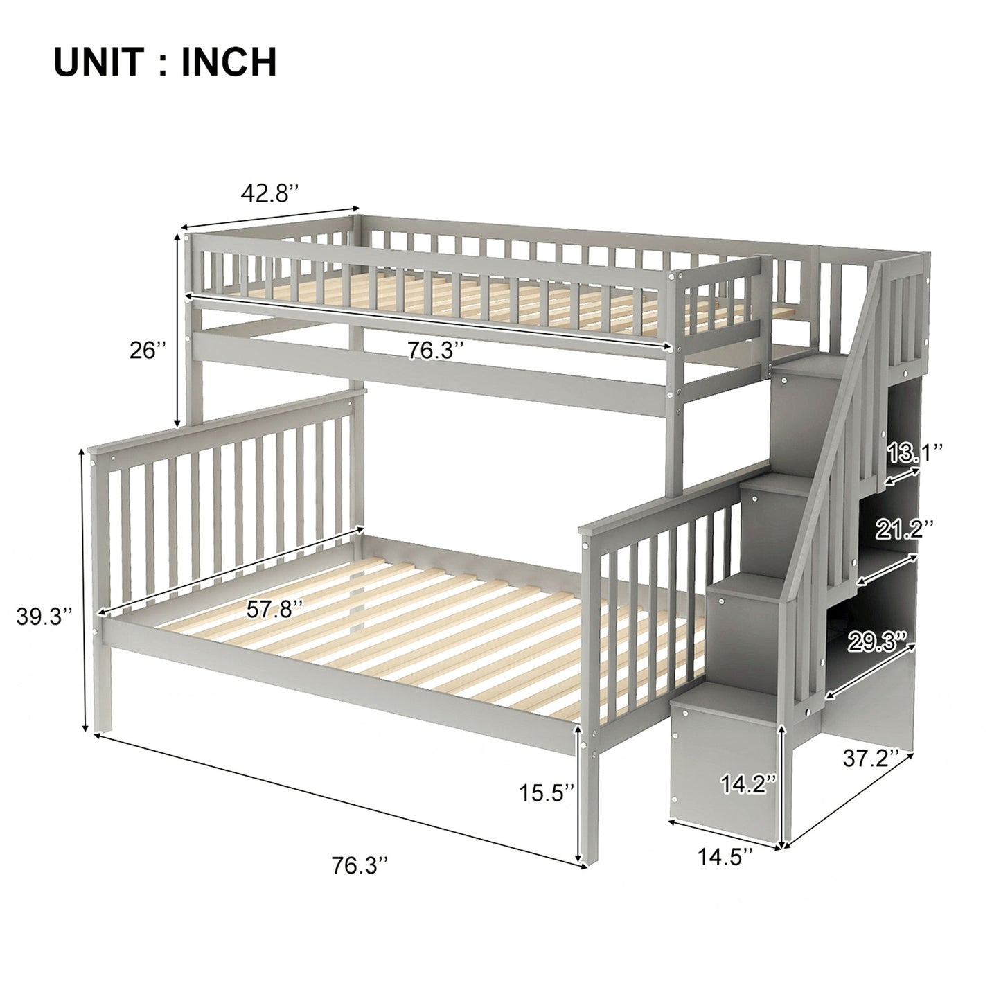 Gray Twin Over Full Farmhouse Style Bunk Bed With Staircase By Homeroots | Beds | Modishstore - 9