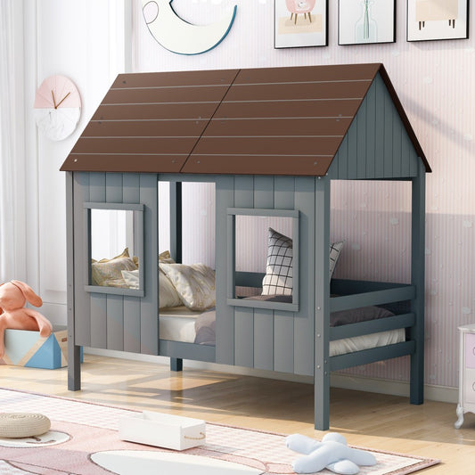 Antique Gray Twin Size Low Loft Wooden House Bed By Homeroots | Beds | Modishstore