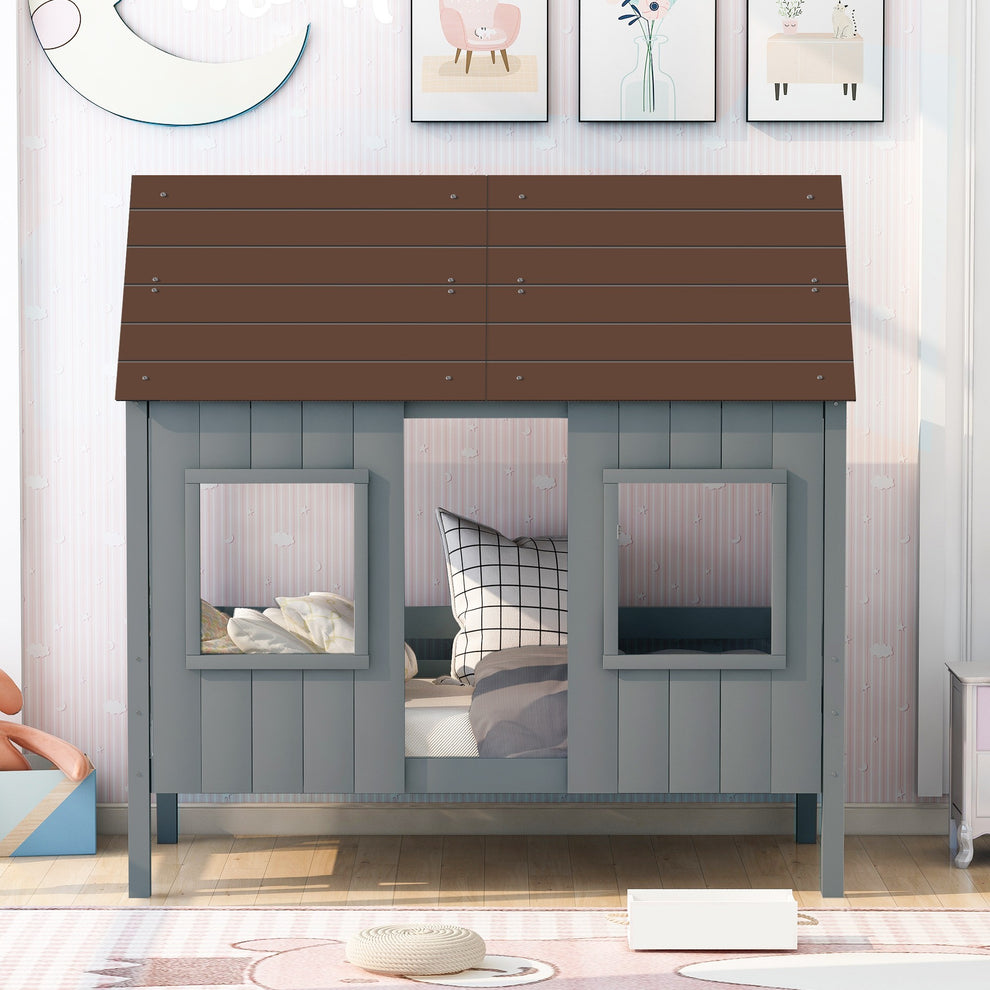Antique Gray Twin Size Low Loft Wooden House Bed By Homeroots | Beds | Modishstore - 2