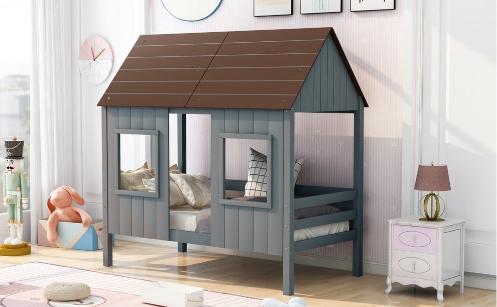 Antique Gray Twin Size Low Loft Wooden House Bed By Homeroots | Beds | Modishstore - 3