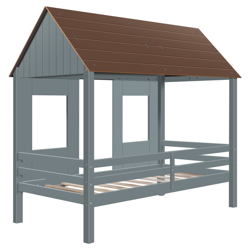 Antique Gray Twin Size Low Loft Wooden House Bed By Homeroots | Beds | Modishstore - 9