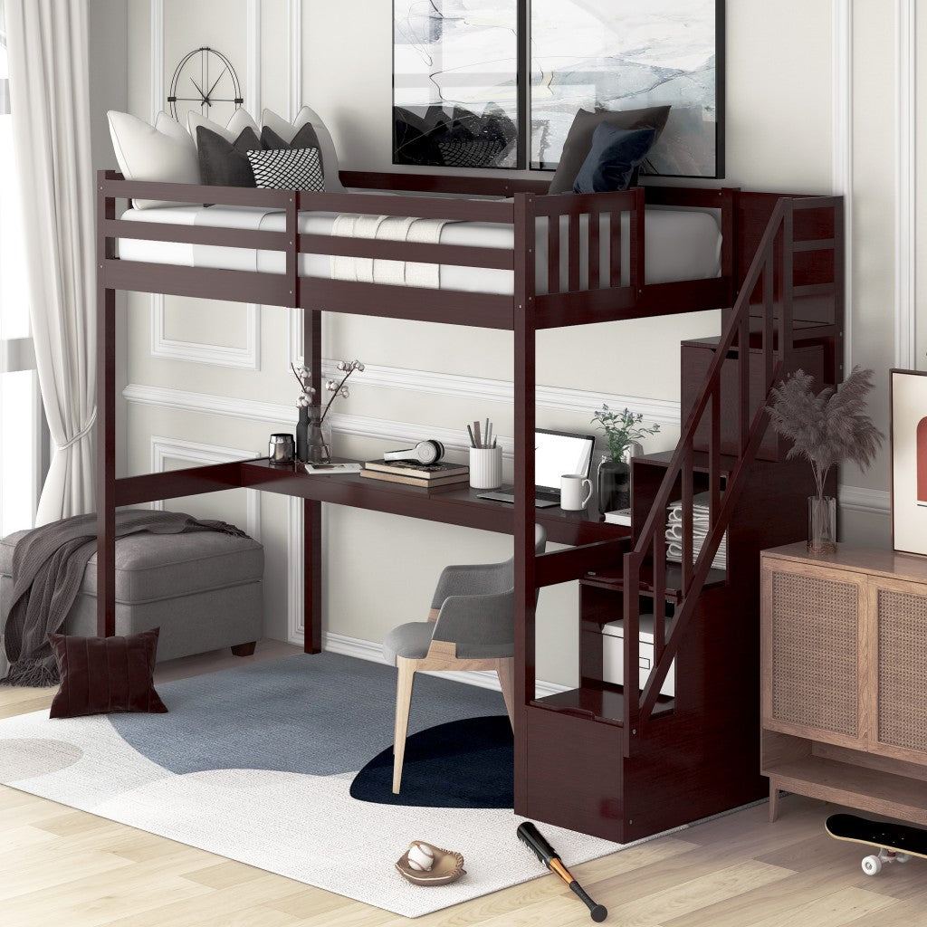 Espresso Twin Size Loft Bed With Built In Desk And Stairway By Homeroots | Beds | Modishstore