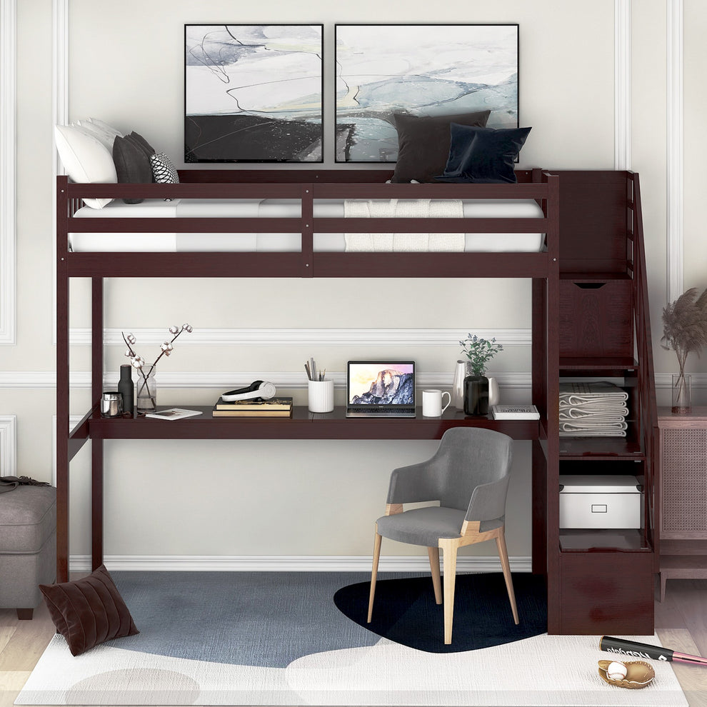 Espresso Twin Size Loft Bed With Built In Desk And Stairway By Homeroots | Beds | Modishstore - 2