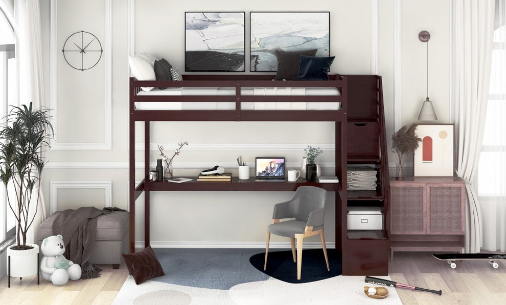 Espresso Twin Size Loft Bed With Built In Desk And Stairway By Homeroots | Beds | Modishstore - 3
