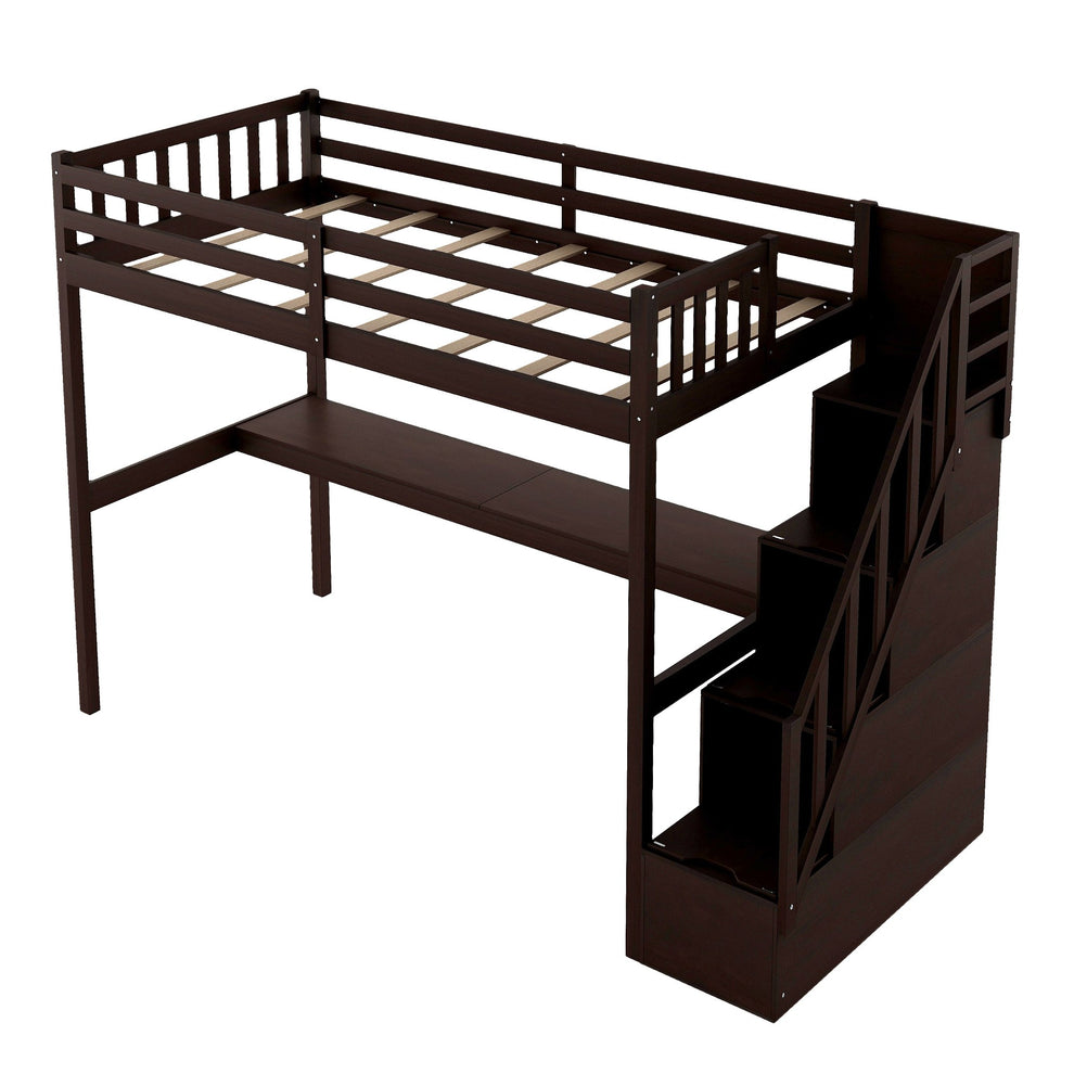 Espresso Twin Size Loft Bed With Built In Desk And Stairway By Homeroots | Beds | Modishstore - 5
