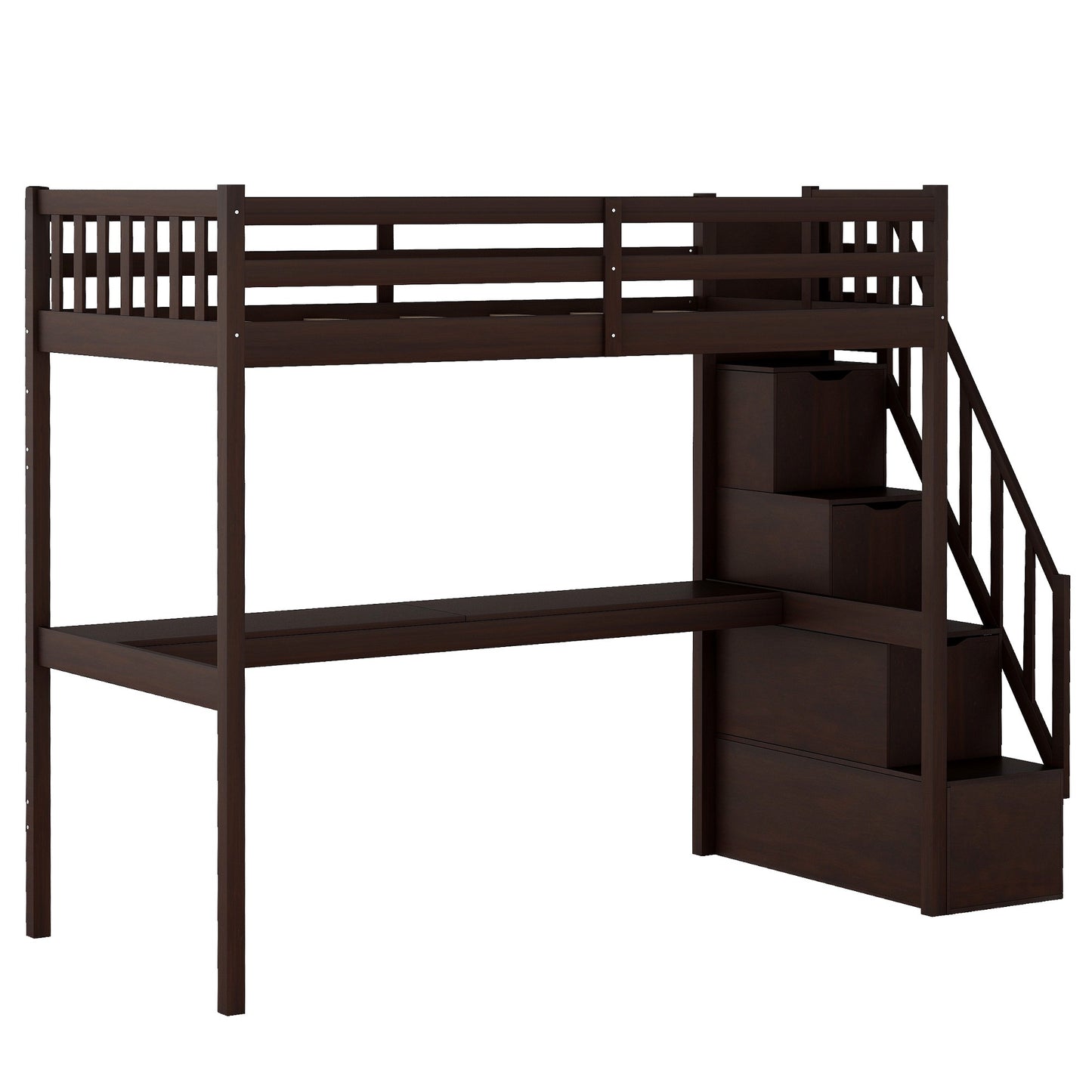 Espresso Twin Size Loft Bed With Built In Desk And Stairway By Homeroots | Beds | Modishstore - 8