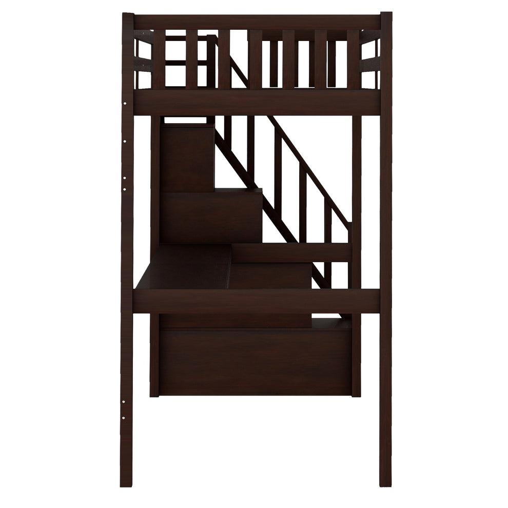 Espresso Twin Size Loft Bed With Built In Desk And Stairway By Homeroots | Beds | Modishstore - 9