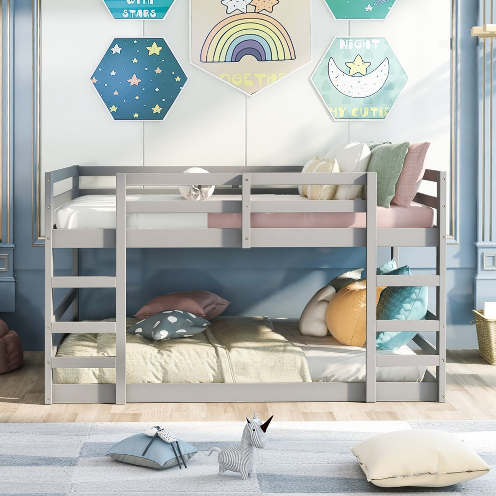Pastel Gray Full Over Full Dual Ladder Bunk Bed By Homeroots | Beds | Modishstore - 2