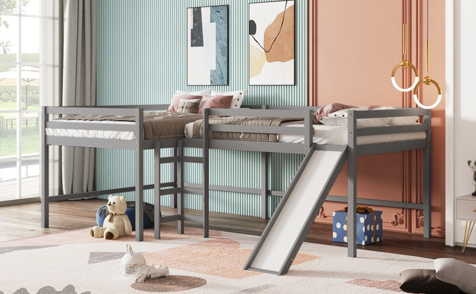 Gray L Shaped Full Size Wooden Double Loft Bed With Slide And Ladders By Homeroots | Beds | Modishstore - 3