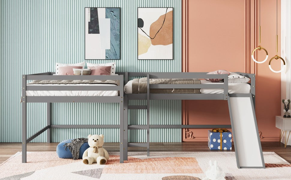 Gray L Shaped Full Size Wooden Double Loft Bed With Slide And Ladders By Homeroots | Beds | Modishstore - 4