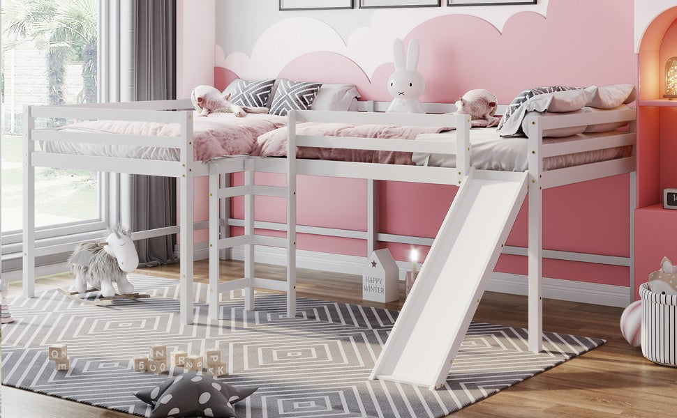 Gray L Shaped Full Size Wooden Double Loft Bed With Slide And Ladders By Homeroots | Beds | Modishstore - 12