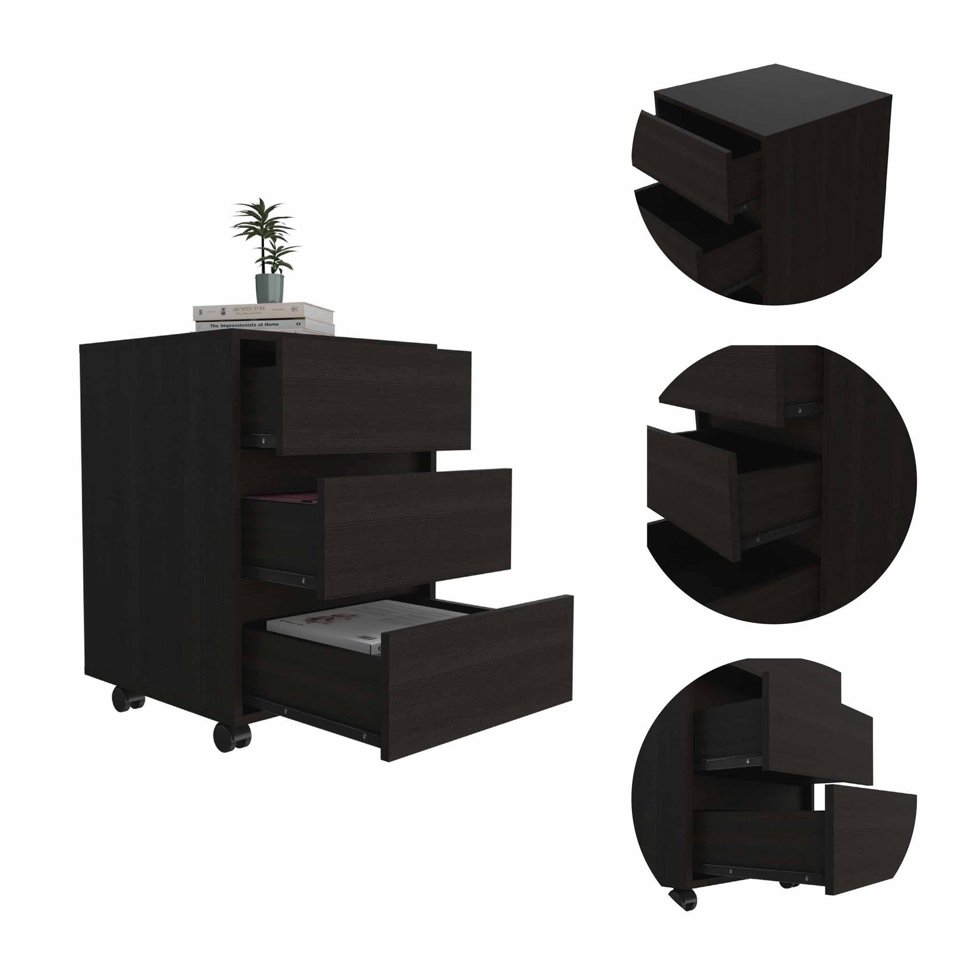 Black Three Drawer Rolling Cabinet By Homeroots | Cabinets | Modishstore - 5