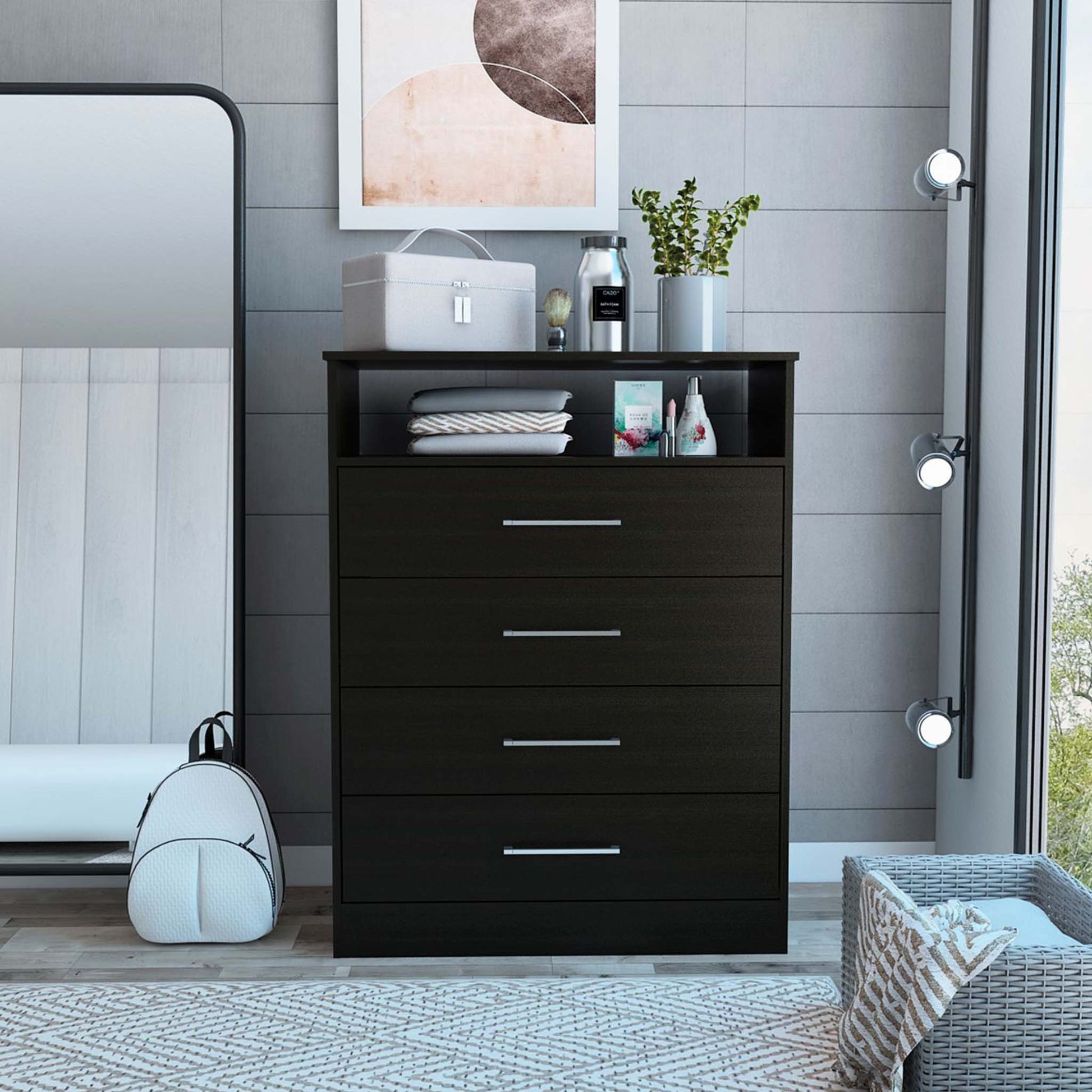 Modern Black Four Drawer Dresser With Hutch By Homeroots | Dressers | Modishstore