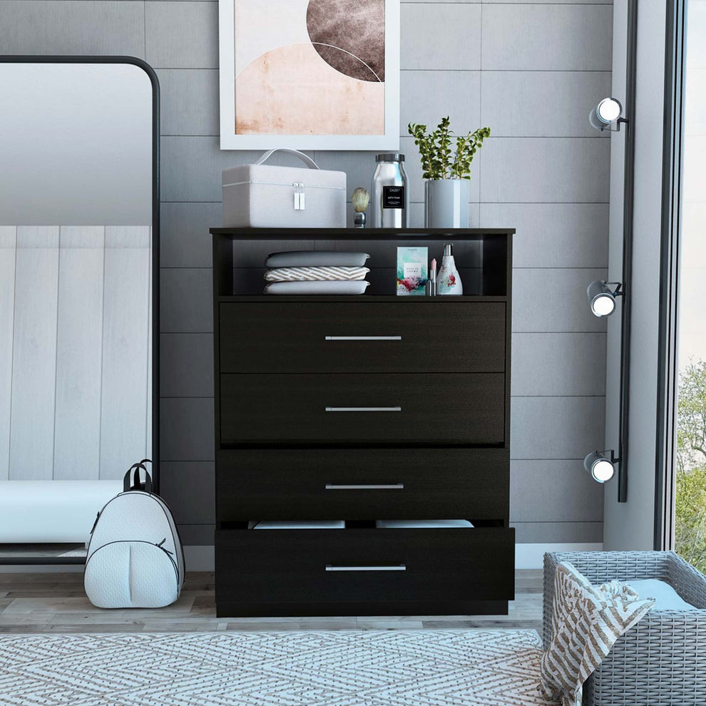 Modern Black Four Drawer Dresser With Hutch By Homeroots | Dressers | Modishstore - 4