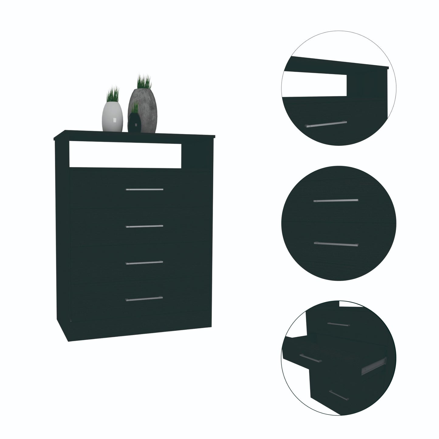 Modern Black Four Drawer Dresser With Hutch By Homeroots | Dressers | Modishstore - 5