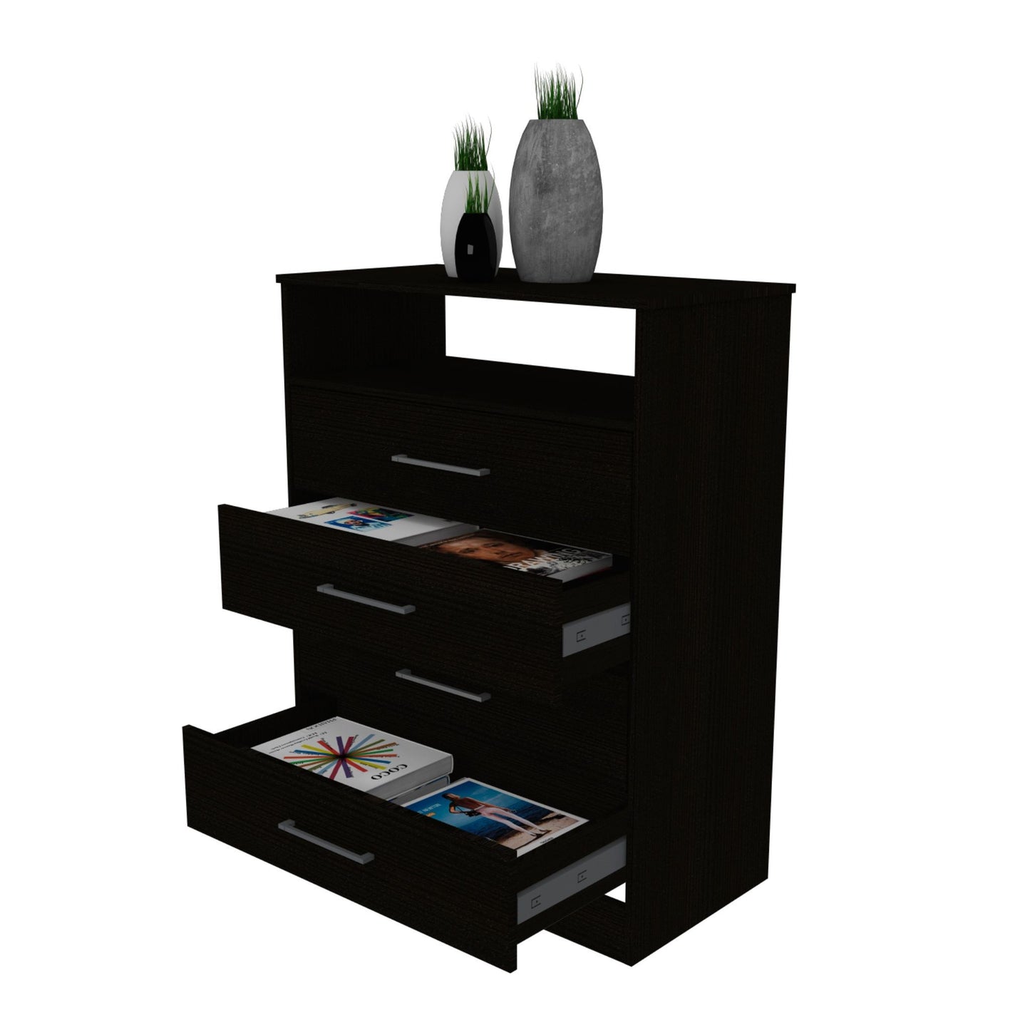 Modern Black Four Drawer Dresser With Hutch By Homeroots | Dressers | Modishstore - 6