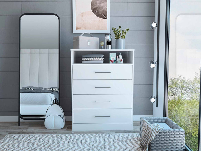 Modern Four Drawer Dresser with Hutch - White Modern Four Drawer Dresser with Hutch - White