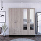 Light Oak and Black Four Door Wardrobe Closet with Mirrors By Homeroots | Armoires & Wardrobes | Modishstore