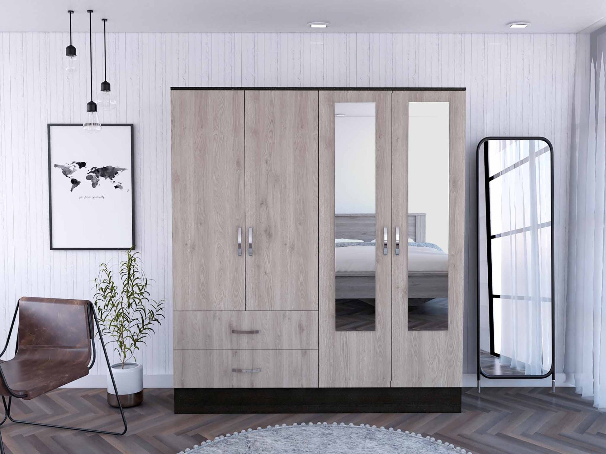 Light Oak and Black Four Door Wardrobe Closet with Mirrors By Homeroots | Armoires & Wardrobes | Modishstore