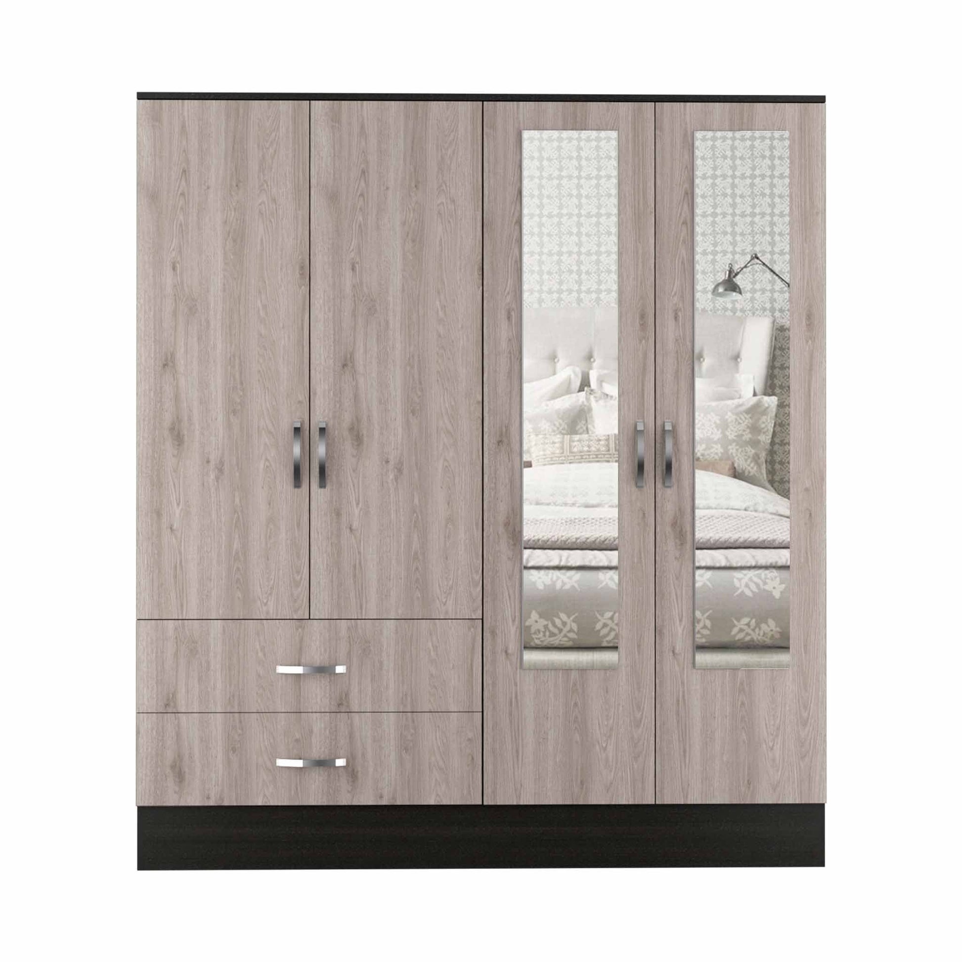 Light Oak and Black Four Door Wardrobe Closet with Mirrors By Homeroots | Armoires & Wardrobes | Modishstore - 2