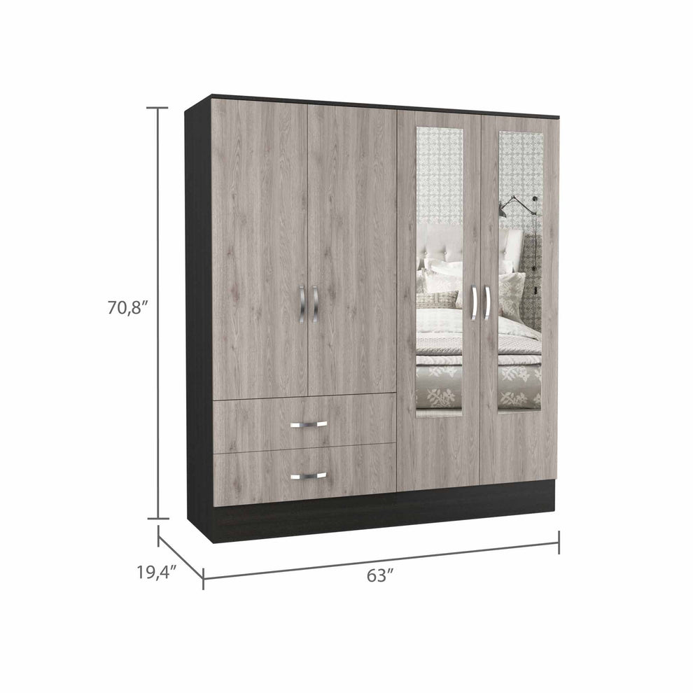 Light Oak and Black Four Door Wardrobe Closet with Mirrors By Homeroots | Armoires & Wardrobes | Modishstore - 3