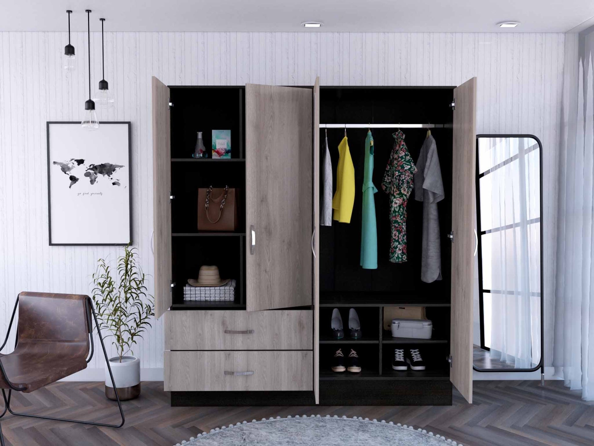Light Oak and Black Four Door Wardrobe Closet with Mirrors By Homeroots | Armoires & Wardrobes | Modishstore - 4