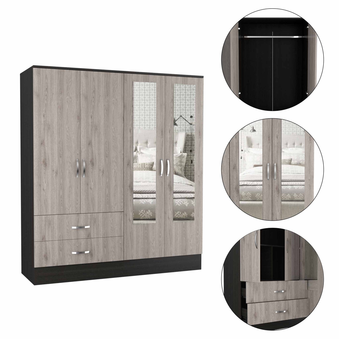 Light Oak and Black Four Door Wardrobe Closet with Mirrors By Homeroots | Armoires & Wardrobes | Modishstore - 5