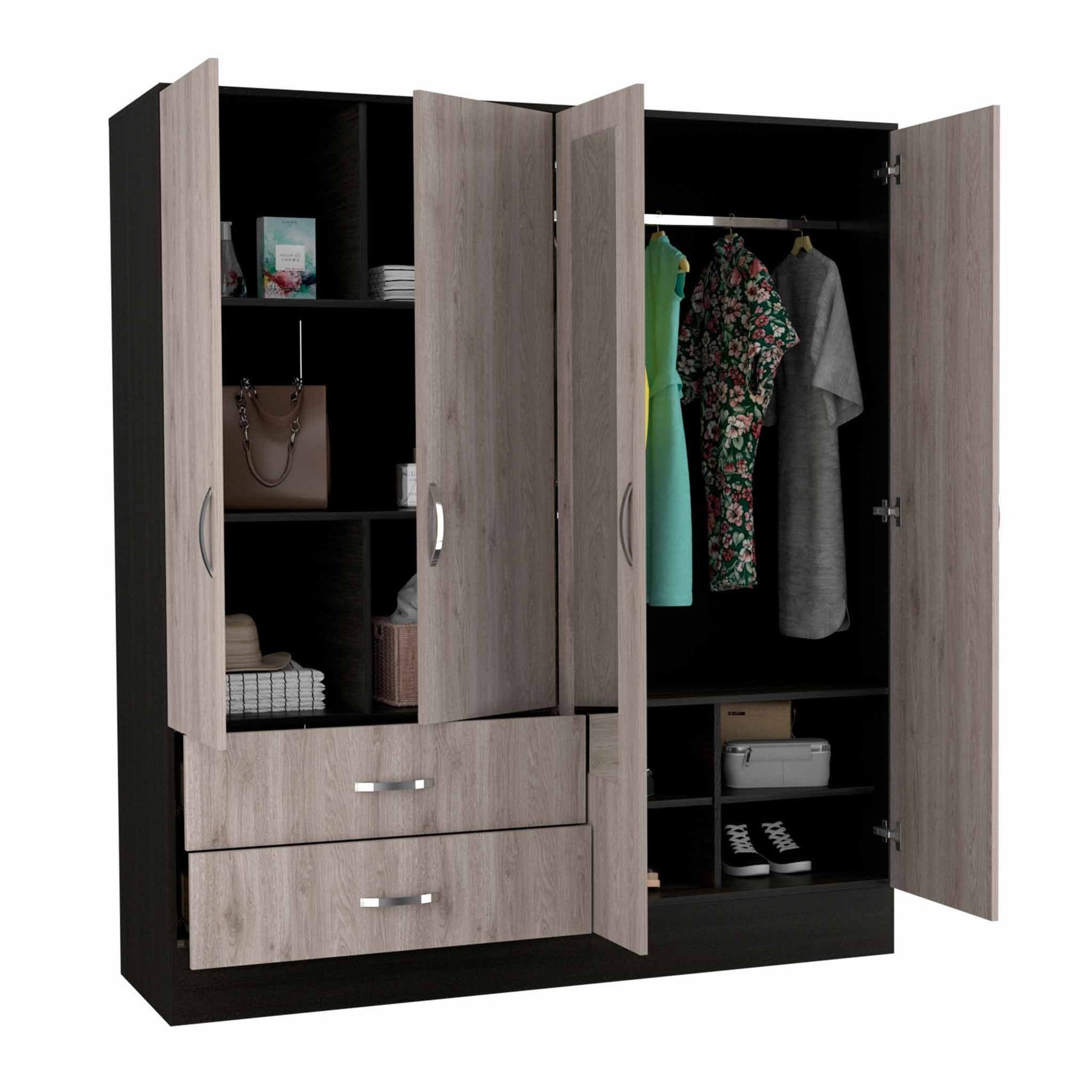 Light Oak and Black Four Door Wardrobe Closet with Mirrors By Homeroots | Armoires & Wardrobes | Modishstore - 6