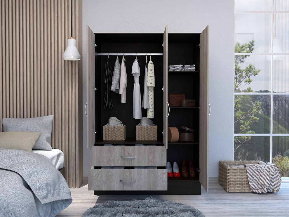 Light Oak and Black Three Door Wardrobe Closet with Mirror By Homeroots | Armoires & Wardrobes | Modishstore - 2