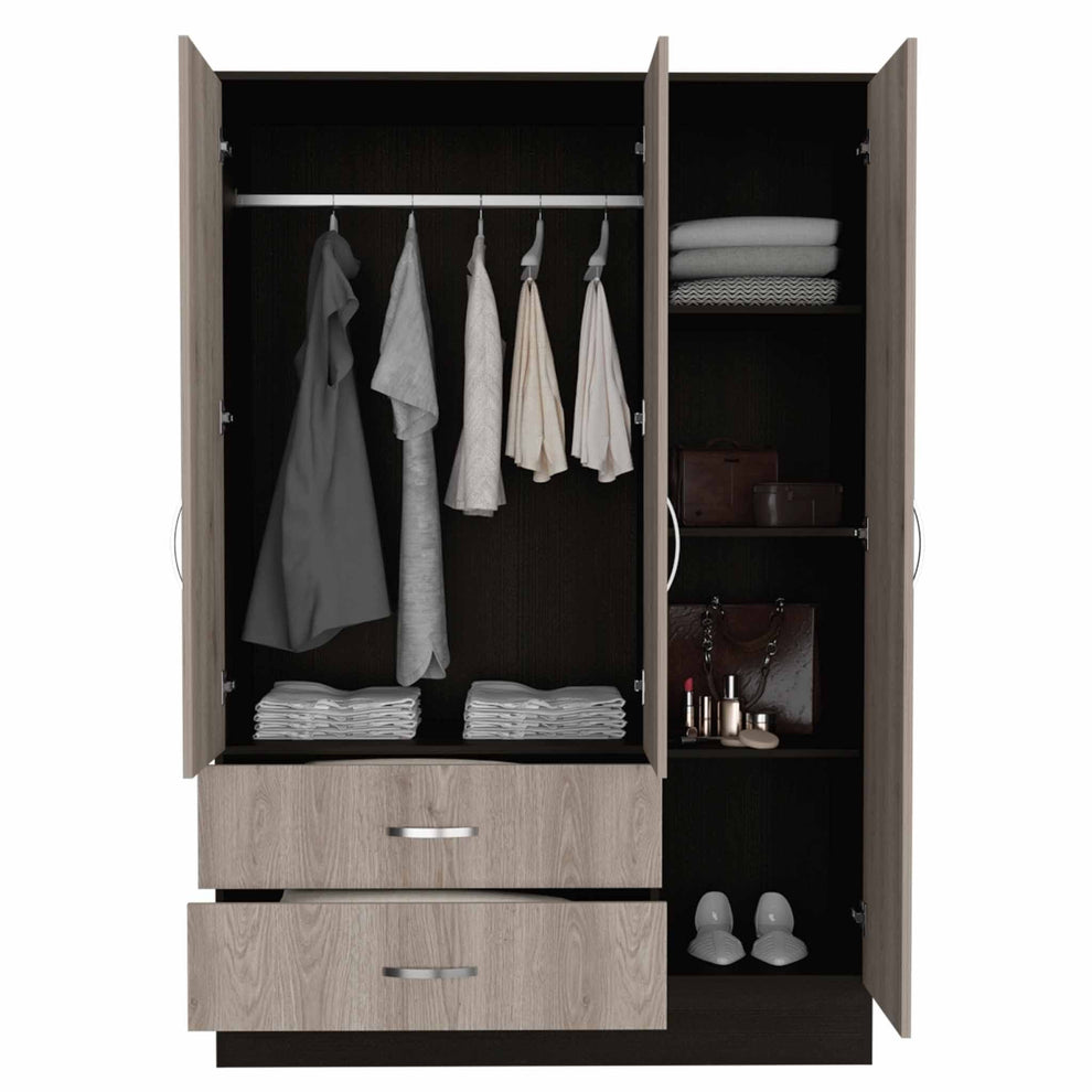 Light Oak and Black Three Door Wardrobe Closet with Mirror By Homeroots | Armoires & Wardrobes | Modishstore - 3