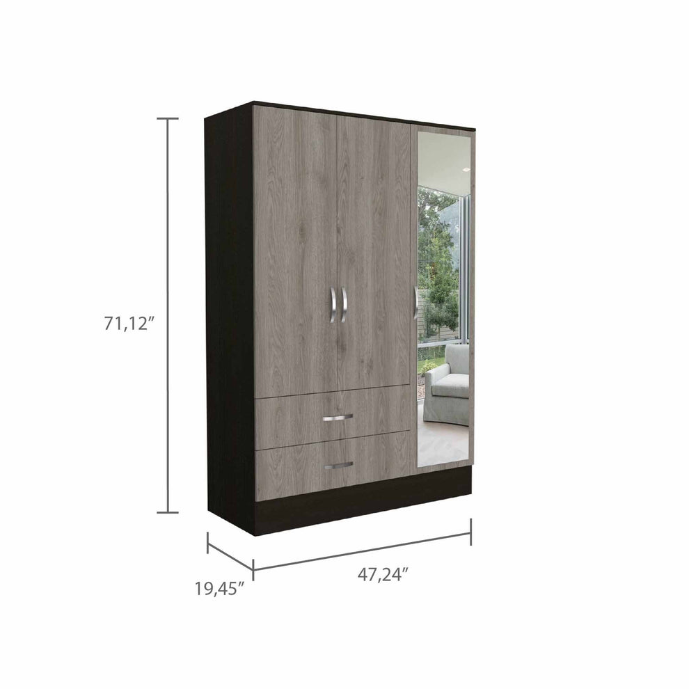 Light Oak and Black Three Door Wardrobe Closet with Mirror By Homeroots | Armoires & Wardrobes | Modishstore - 4