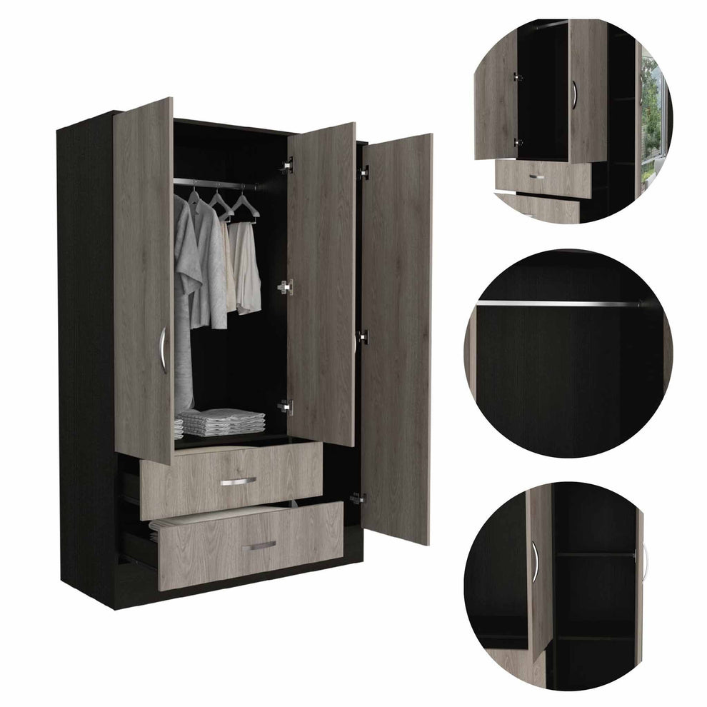 Light Oak and Black Three Door Wardrobe Closet with Mirror By Homeroots | Armoires & Wardrobes | Modishstore - 5