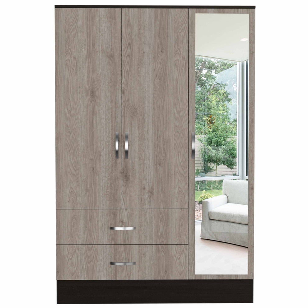 Light Oak and Black Three Door Wardrobe Closet with Mirror By Homeroots | Armoires & Wardrobes | Modishstore - 6