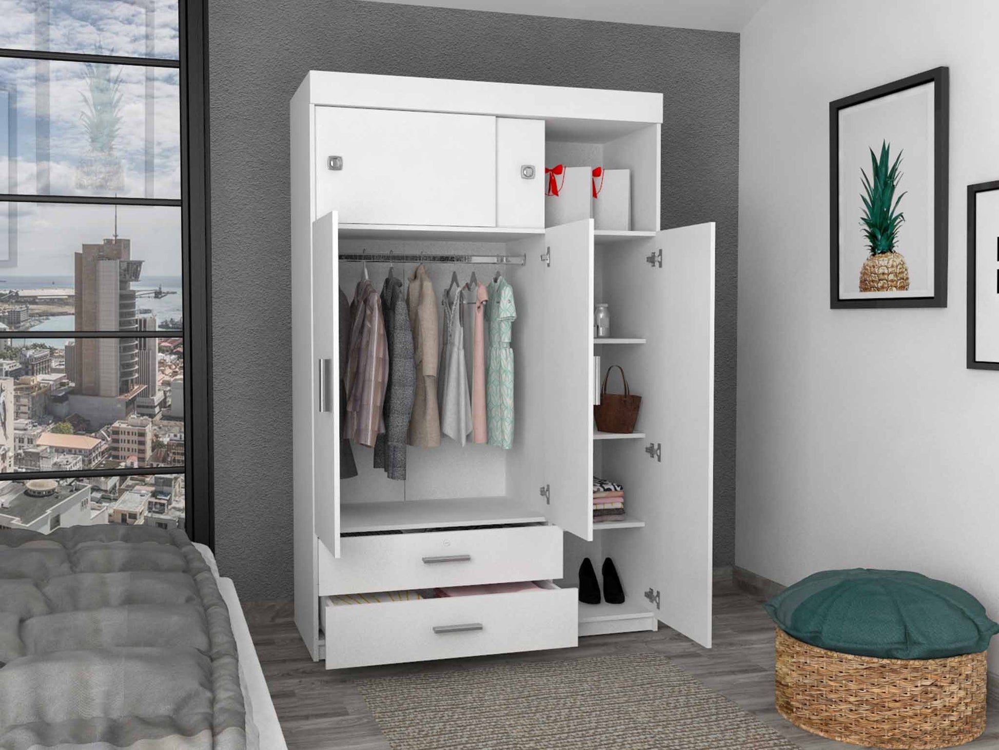 White Tall Three Door Closet with Sliding Doors By Homeroots | Armoires & Wardrobes | Modishstore - 4