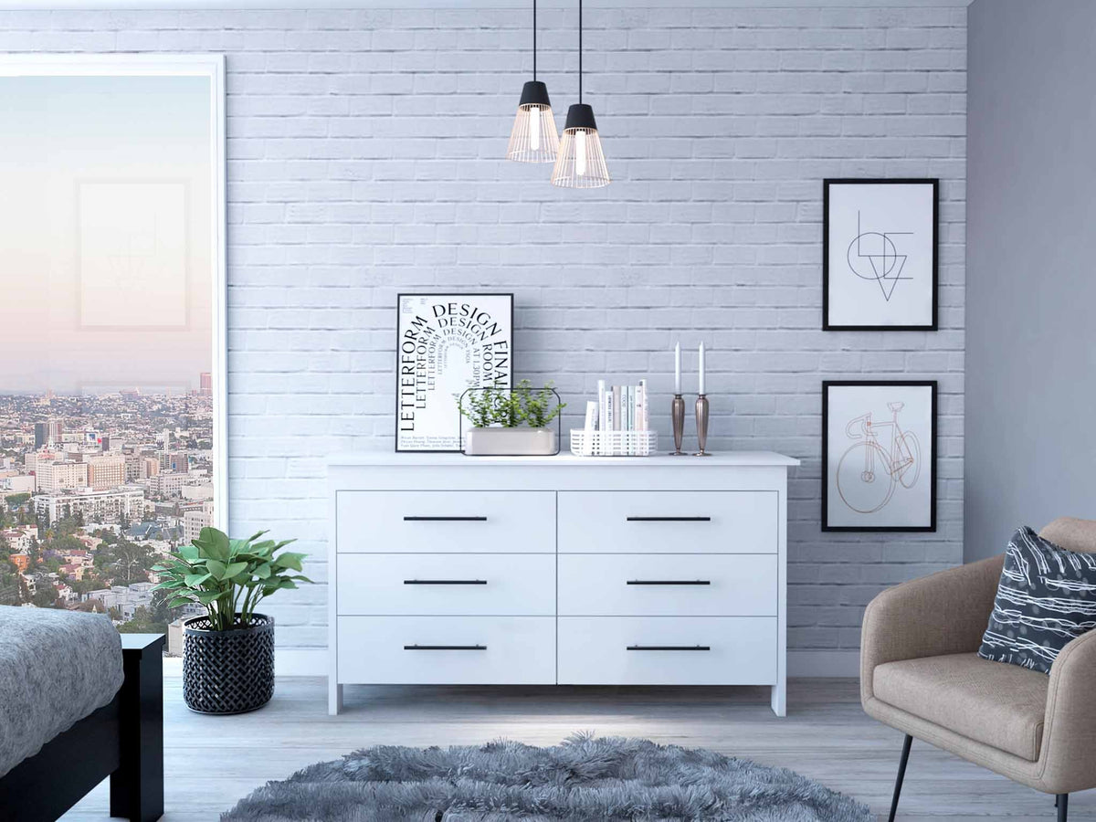 58" White Six Drawer Double Dresser By Homeroots | Dressers | Modishstore