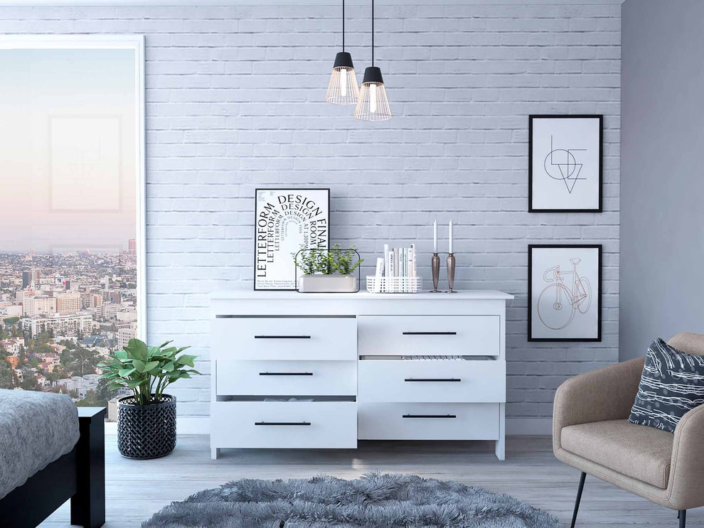 58" White Six Drawer Double Dresser By Homeroots | Dressers | Modishstore - 4