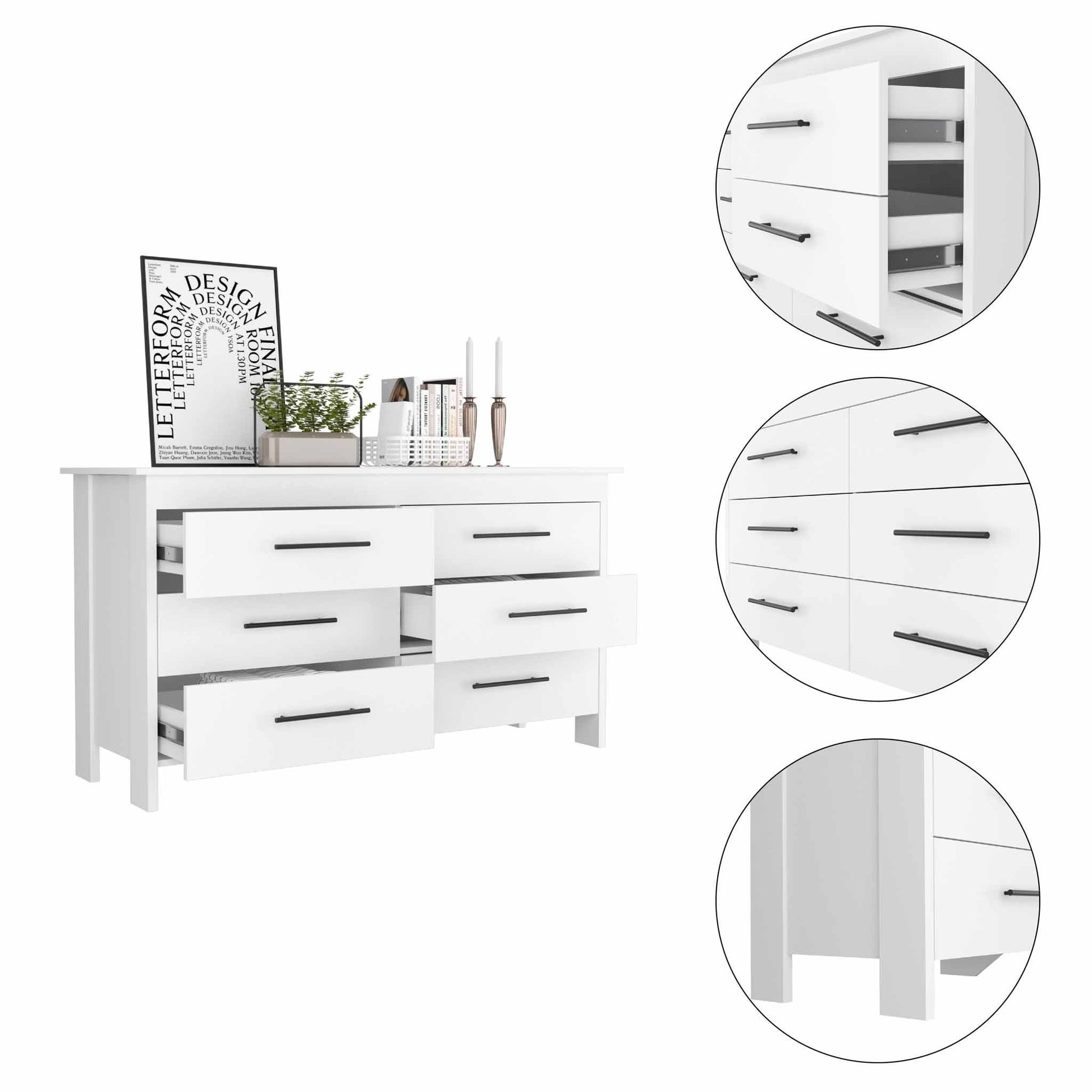58" White Six Drawer Double Dresser By Homeroots | Dressers | Modishstore - 5