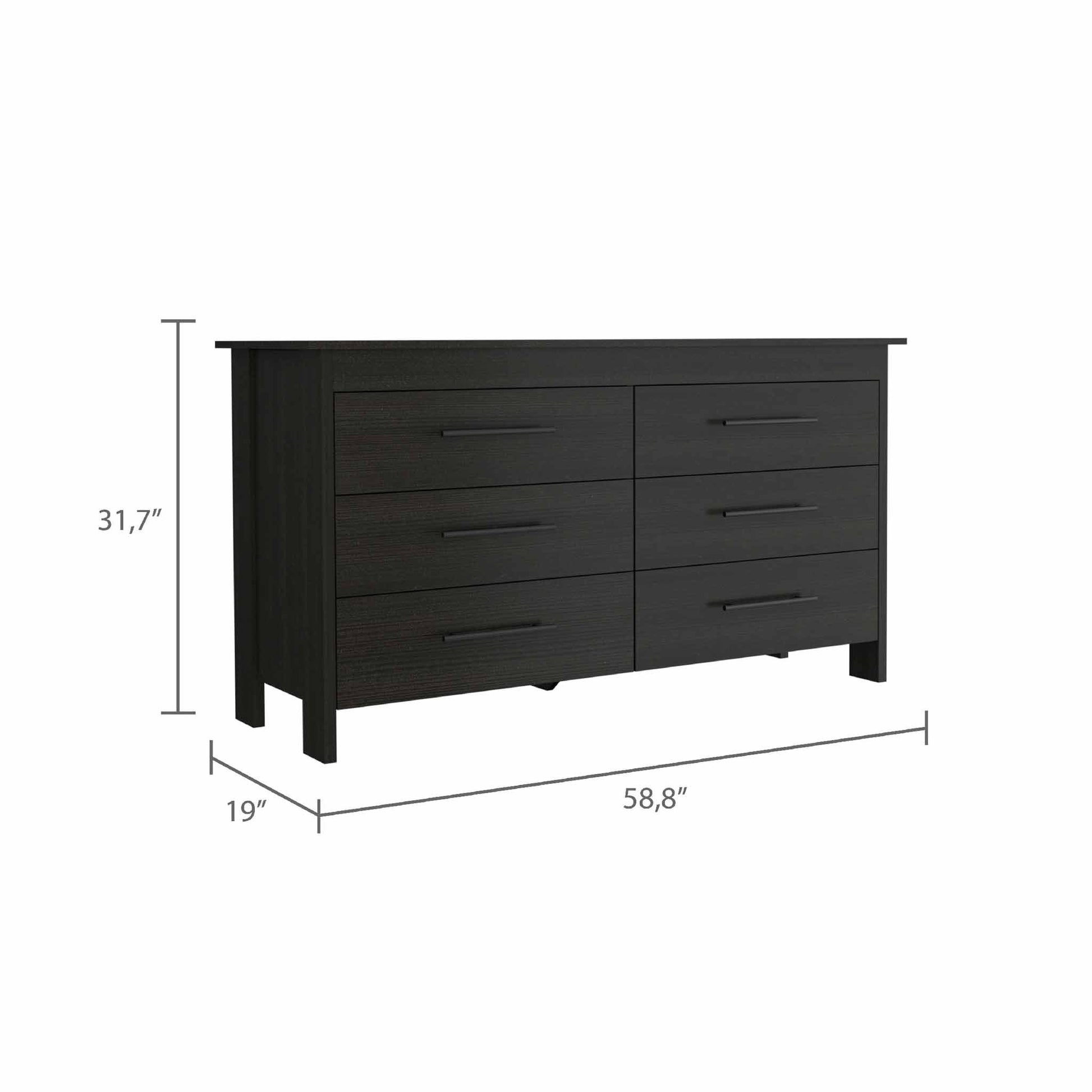 58" Black Six Drawer Double Dresser By Homeroots | Dressers | Modishstore - 3