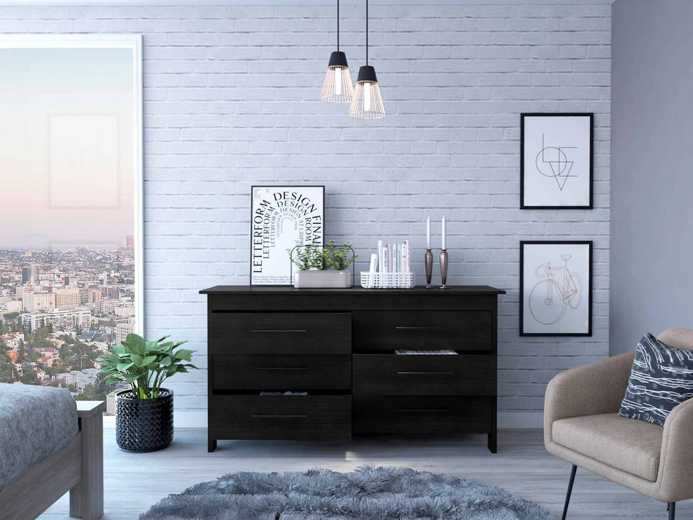 58" Black Six Drawer Double Dresser By Homeroots | Dressers | Modishstore - 4