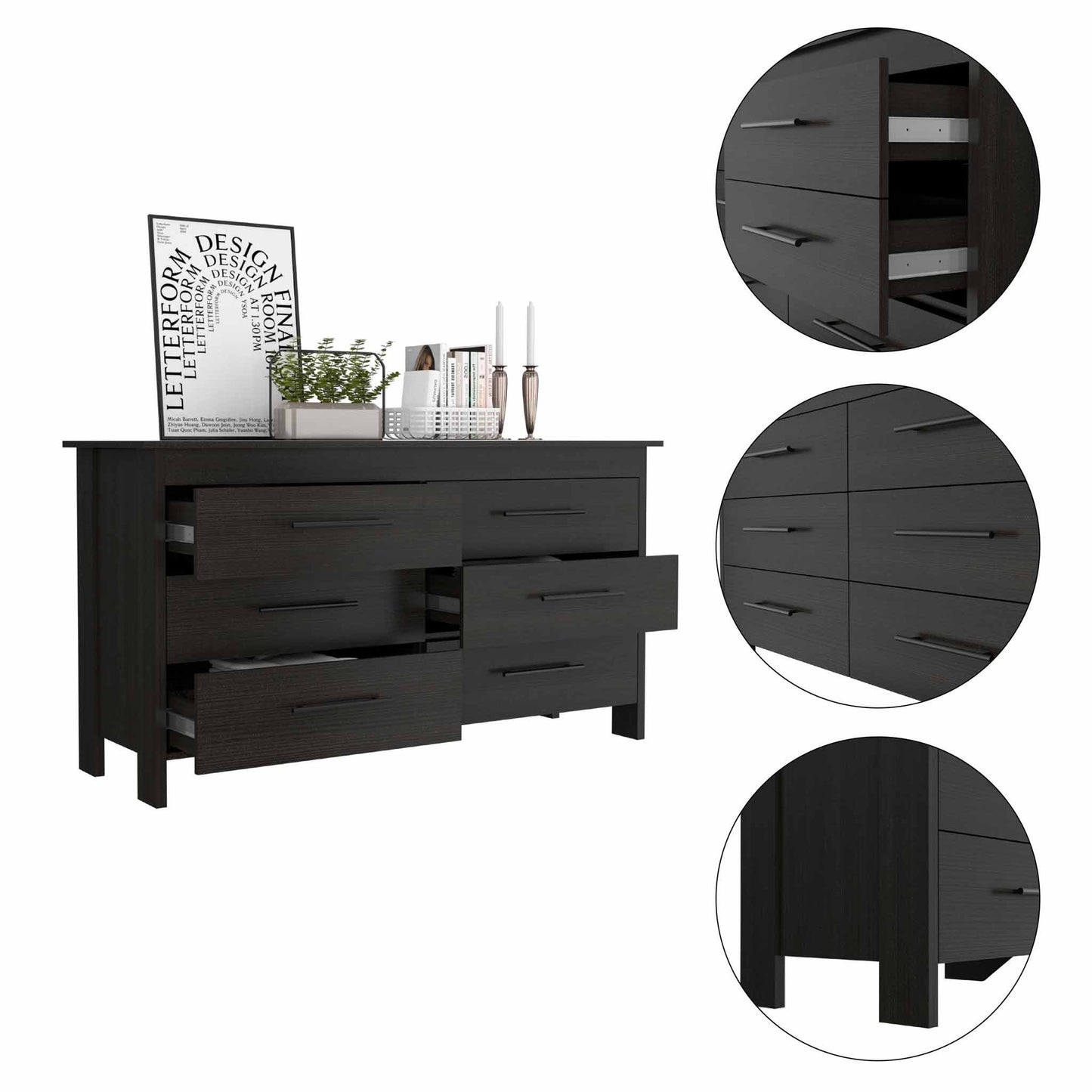 58" Black Six Drawer Double Dresser By Homeroots | Dressers | Modishstore - 5